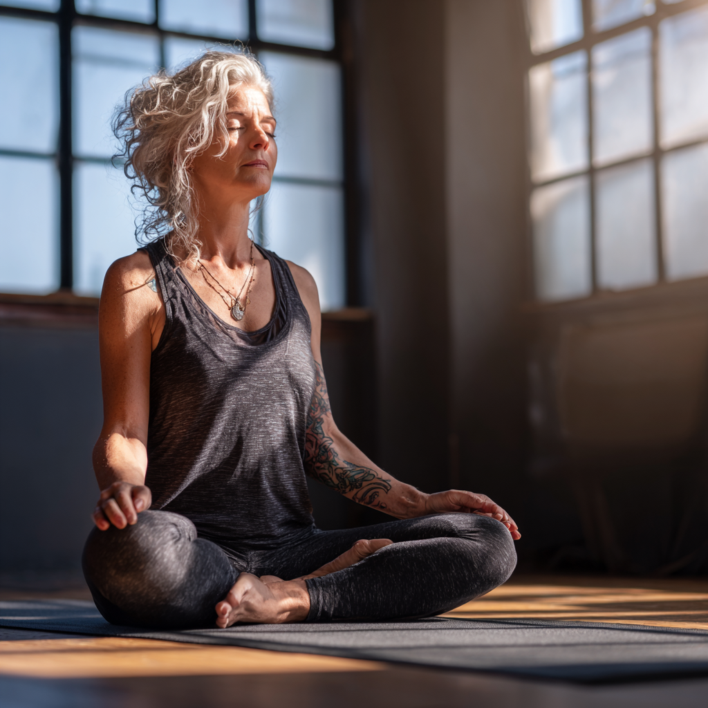 50 years old woman practicing yoga meditation in peaceful studio environment