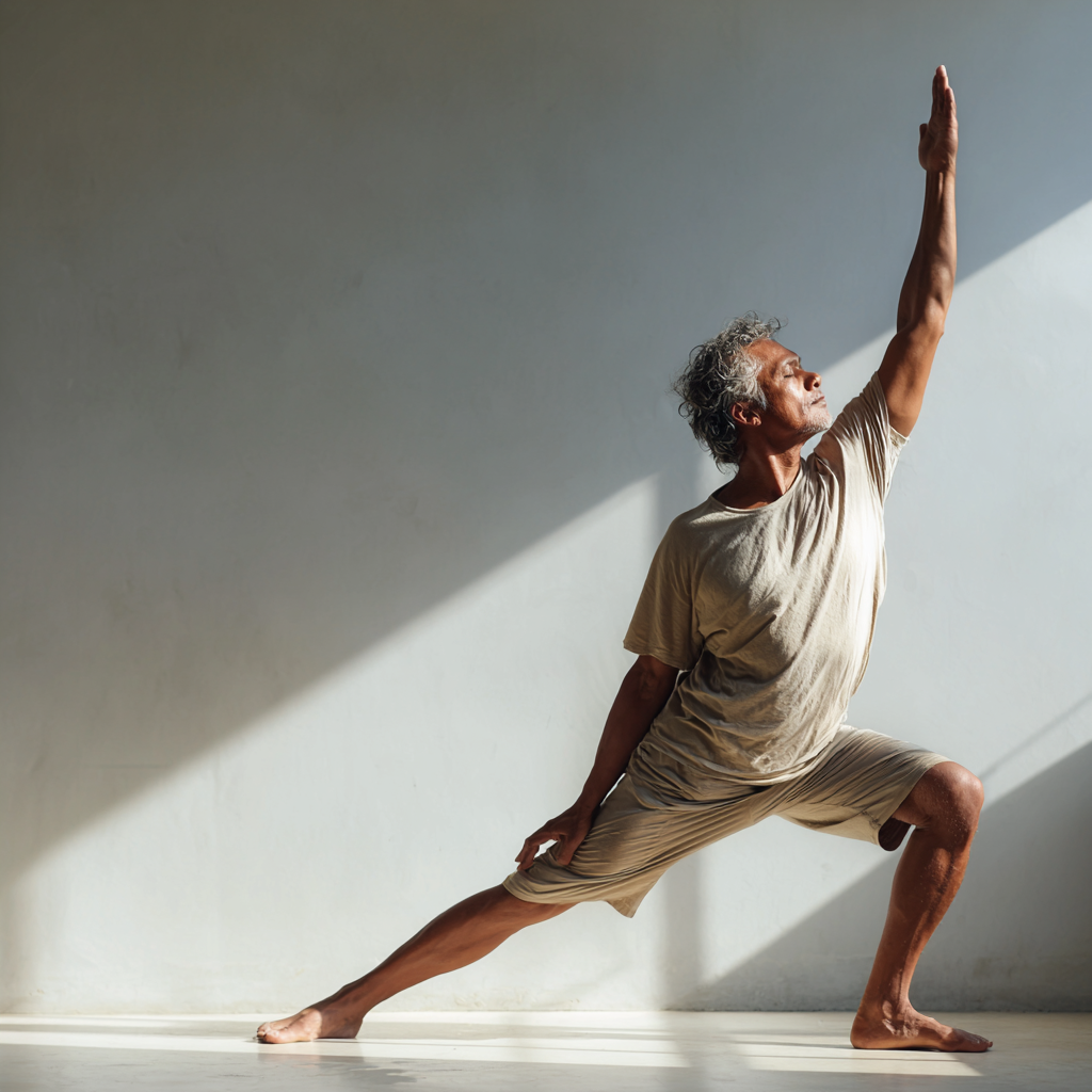 51 years old person practicing yoga poses in natural light studio