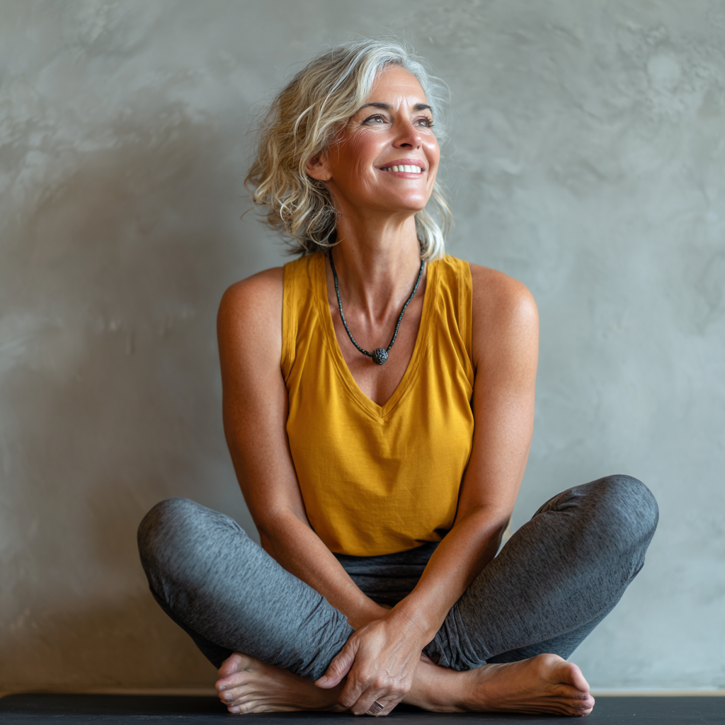 52 years old woman in comfortable yoga attire smiling peacefully